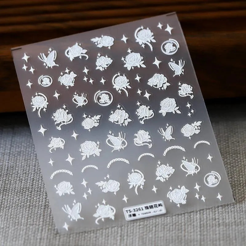 5D Floral Nail Art Stickers White Flower Chain Adhesive Sticker Nail Decals TS3261 embossed