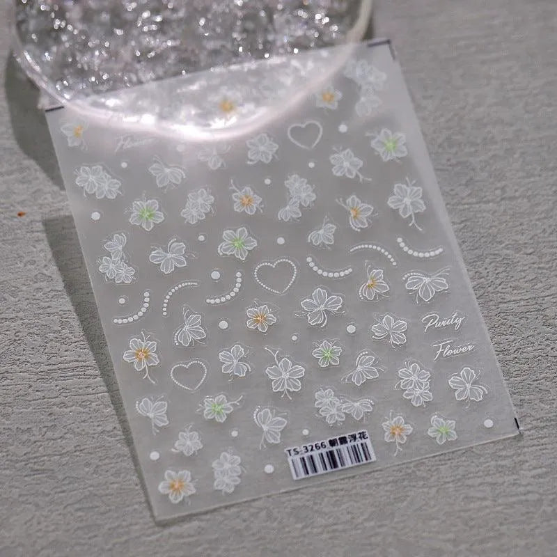 5D Flowers Nail Stickers White Flower Beads Adhesive Sticker Nail Decals TS3266