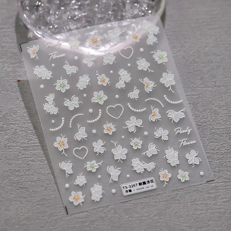 5D Flowers Nail Stickers White Flower Beads Adhesive Sticker Nail Decals TS3267 embossed