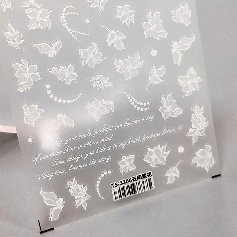 White Flowers Nail Art Stickers Blossom Floral Leaf Embossed Adhesive Sticker Decals TS3306