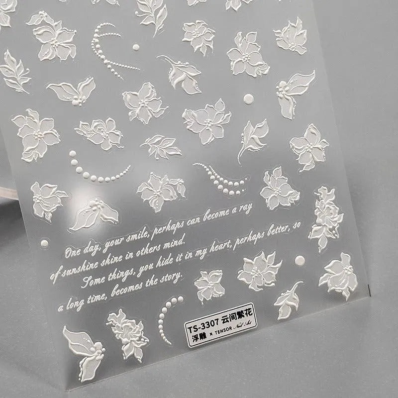 White Flowers Nail Art Stickers Blossom Floral Leaf Embossed Adhesive Sticker Decals TS3307 embossed