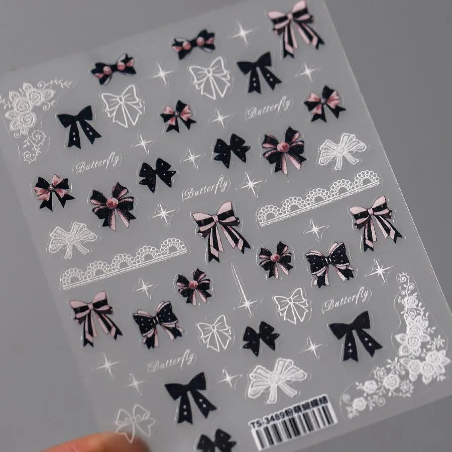 5D Embossed Bow Nail Stickers | Cute Pink & Black Balletcore Nail Art Decals TS3489