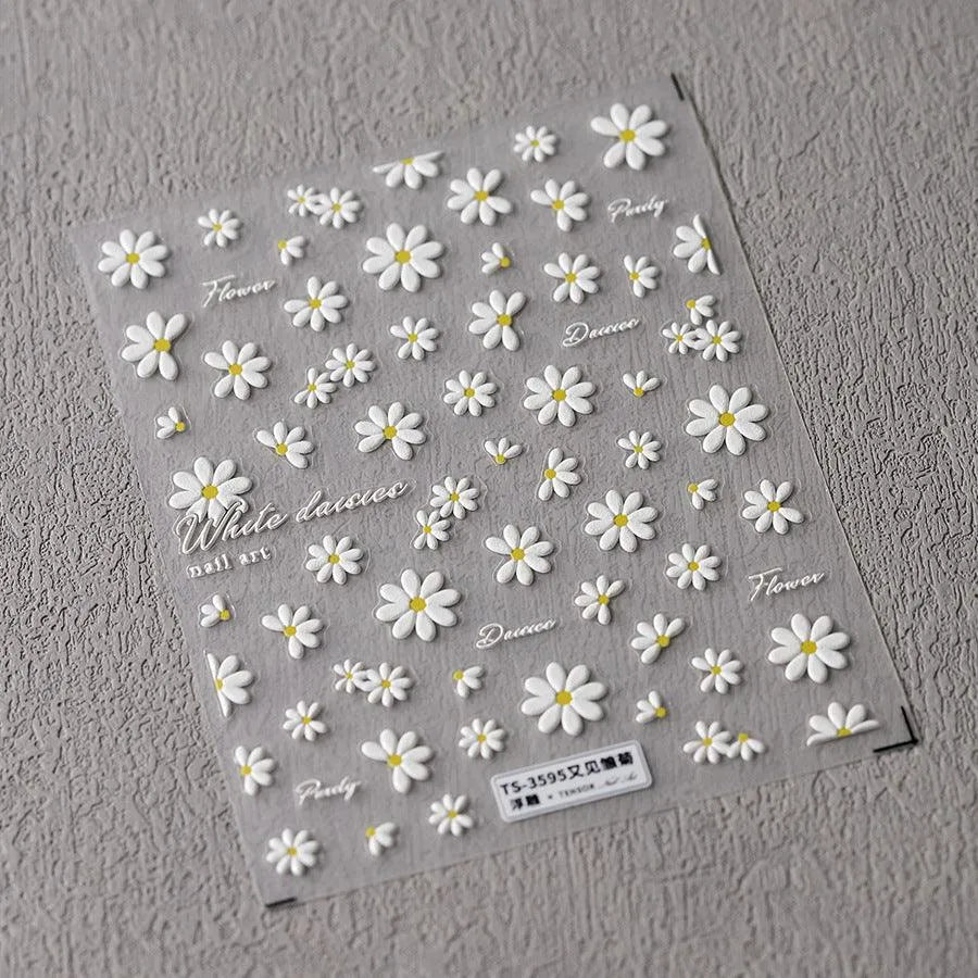 White Daisy Flower Nail Art Stickers 3D Adhesive Slider Daisy Floral Sticker Decals TS3595 embossed