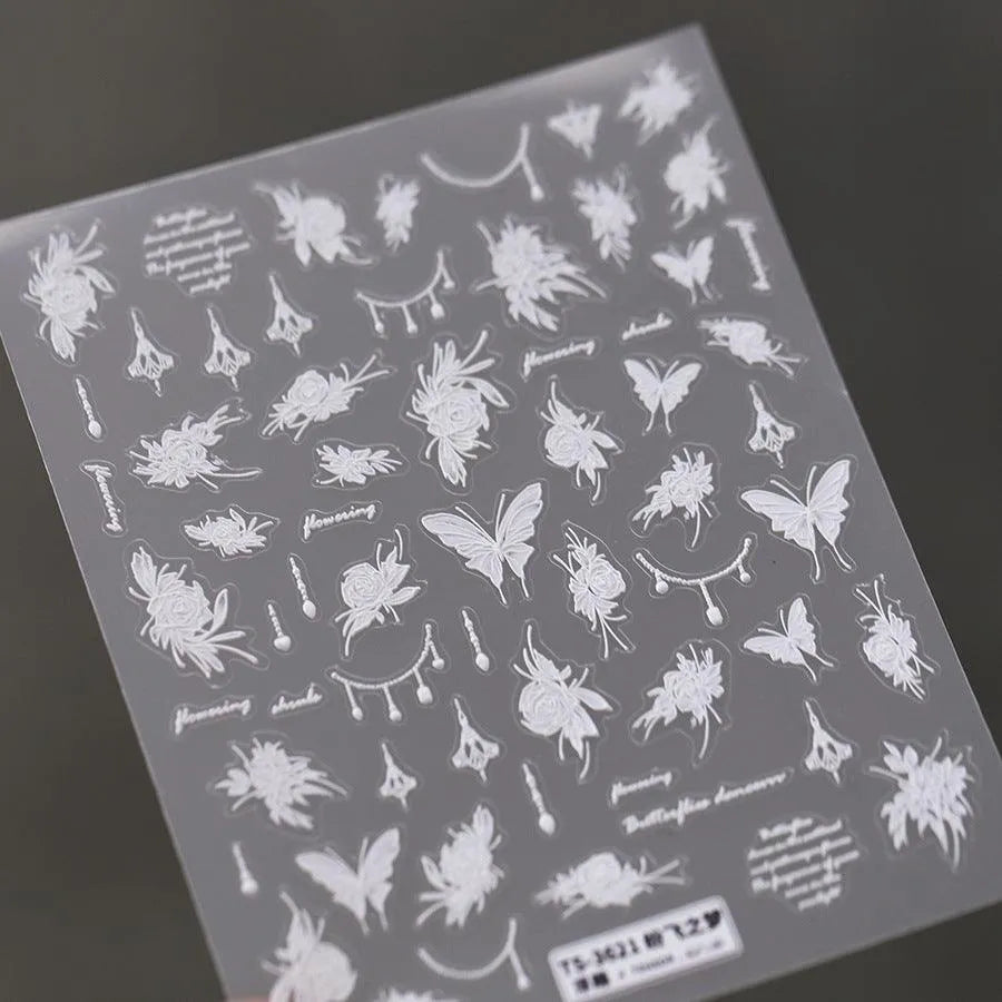White Butterfly Flower Nail Stickers Floral Bead Chain Design 3D Adhesive Sticker Nail Decals TS3621 embossed