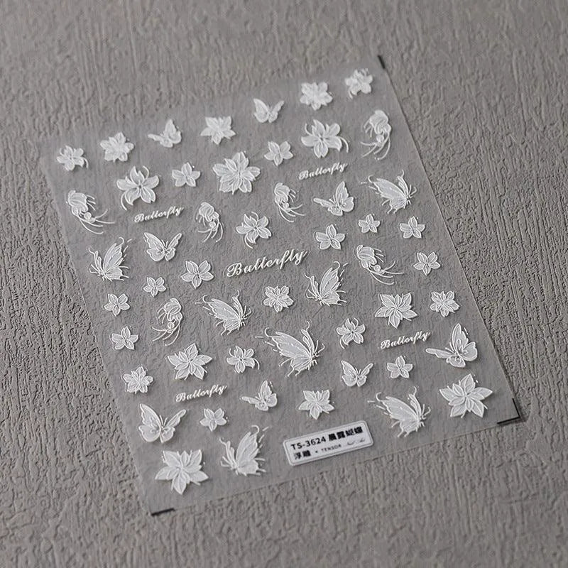 5D Flowers Nail Art Stickers White Butterfly Floral Adhesive Slider Sticker Decals TS3624_embossed