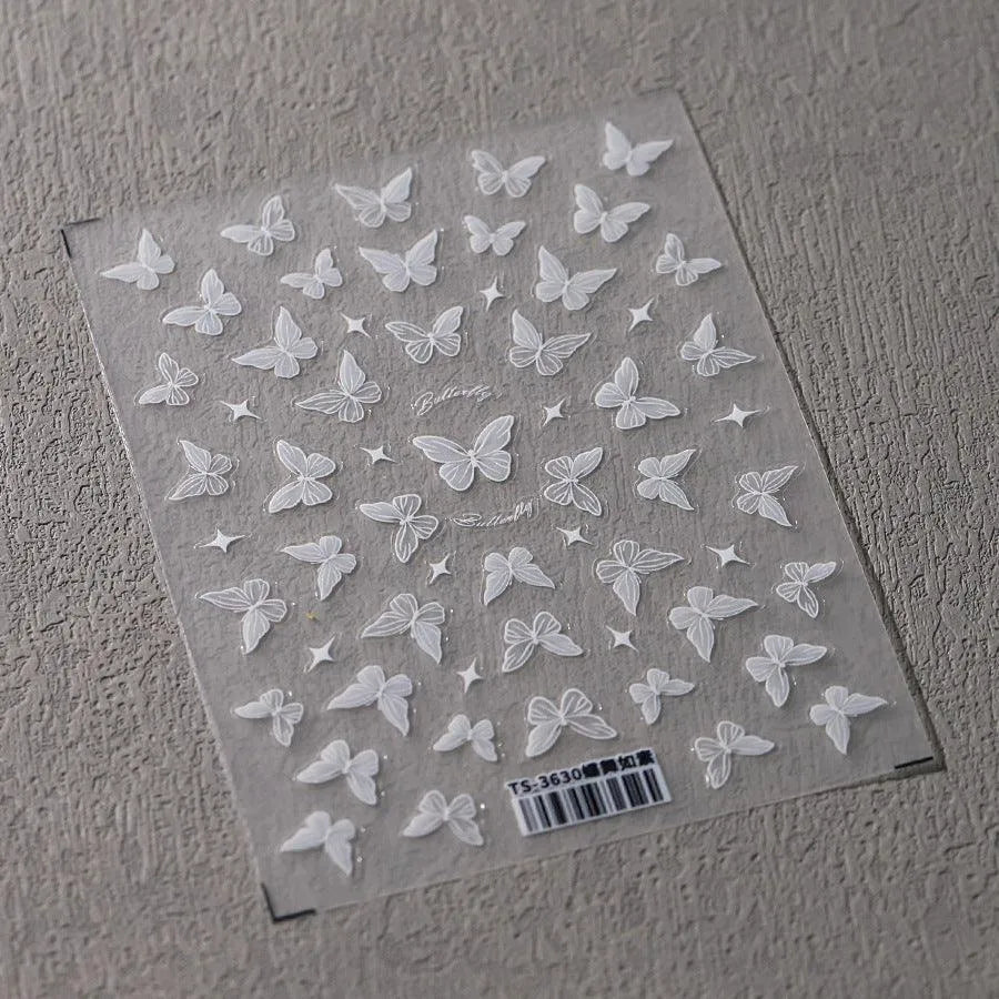 Butterfly Nail Stickers White Butterfly Wings 3D Adhesive Sticker Nail Decals TS3630