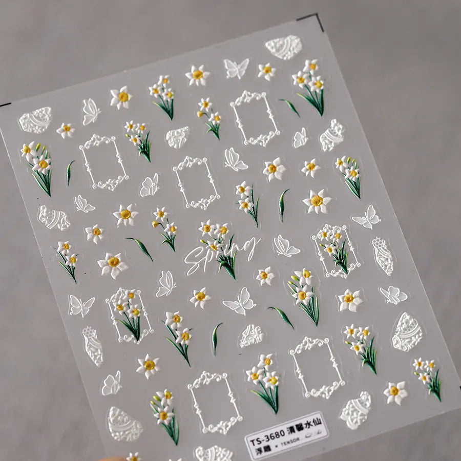 Plumeria Nail Art Stickers Lily Daffodils Flowers Adhesive Embossed Sticker Decals TS3680 embossed
