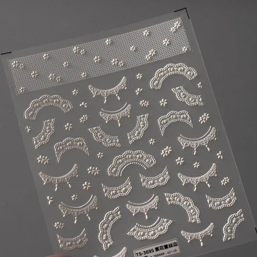 Bridal Lace Nail Art Stickers Adhesive Embossed White Bow Knot Ribbon Sticker Decals TS3695 embossed