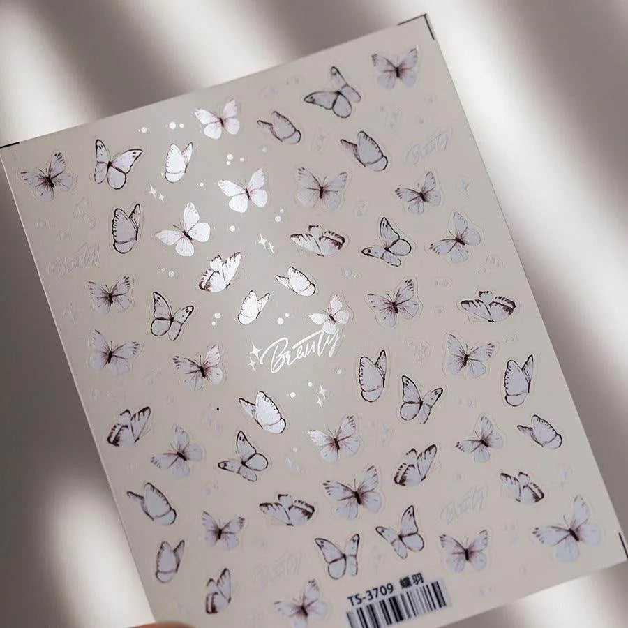 Lined Butterfly Nail Art Stickers Pink White Butterfly Wings Embossed Sticker Decals TS3709