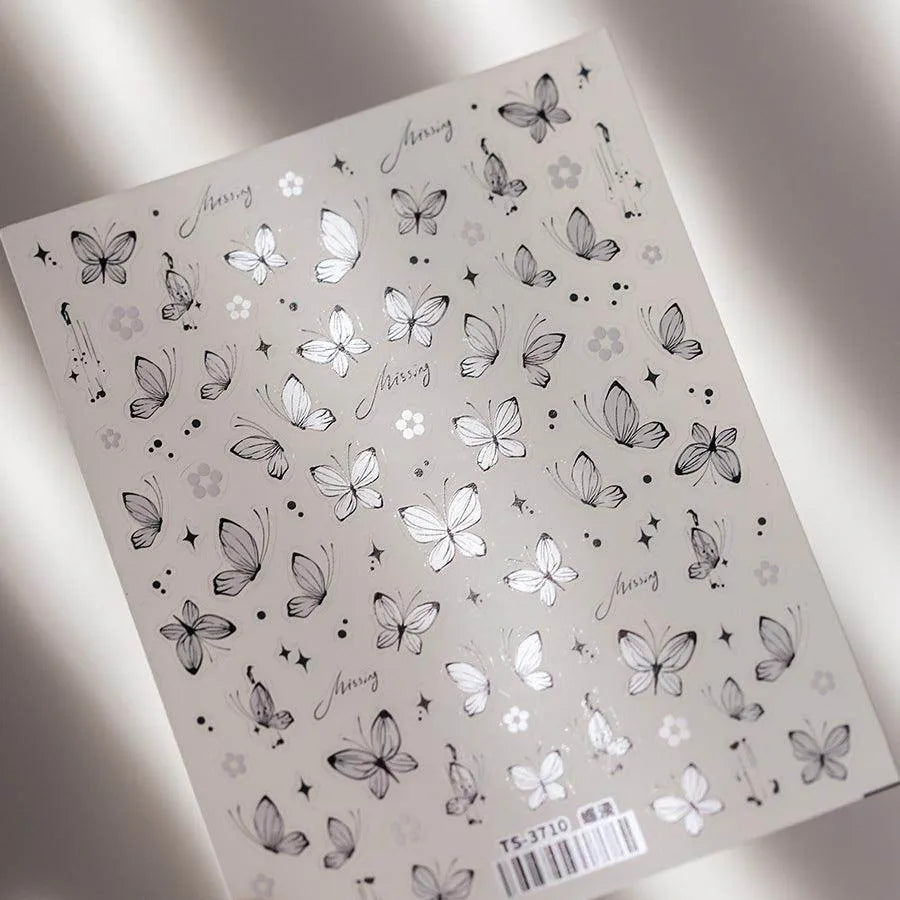 Lined Butterfly Nail Art Stickers Pink White Butterfly Wings Embossed Sticker Decals TS3710