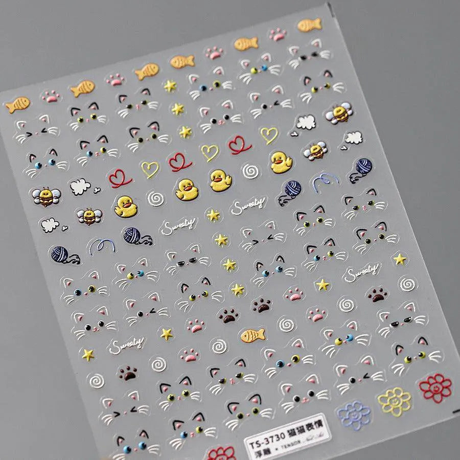 Kitten Nail Art Stickers Cute Cat Adhesive Embossed Sticker Decals TS3730 embossed