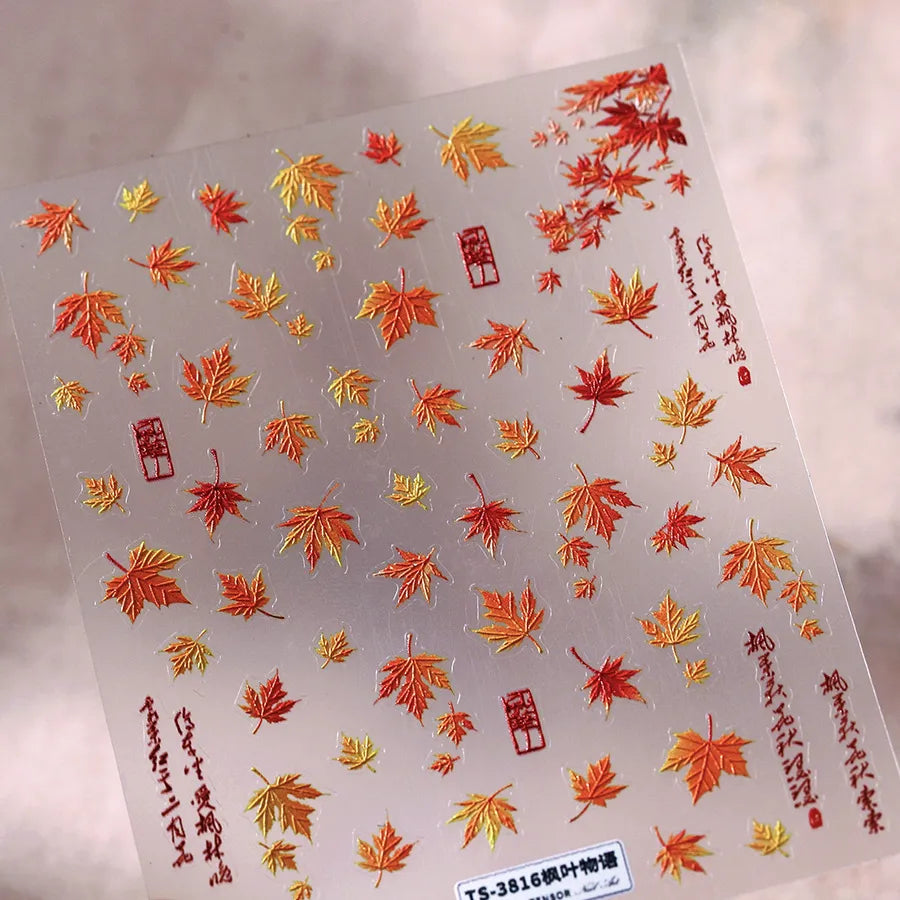 3D Embossed Fall Maple Leaf Nail Stickers - Thanksgiving Nail Art Decals 3816