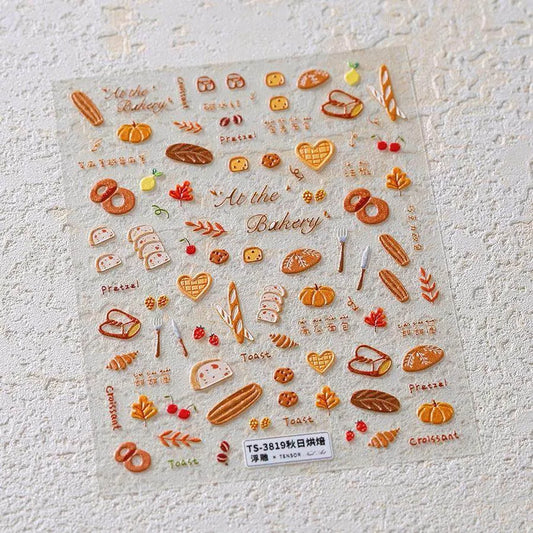 Autumn Nail Art Stickers Pumpkin Bread Adhesive Embossed Sticker Decals TS3819