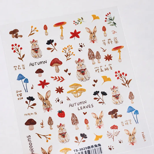 Cute Autumn Rabbit Mushroom Nail Stickers | Fall Forest Nail Art Decals 3829