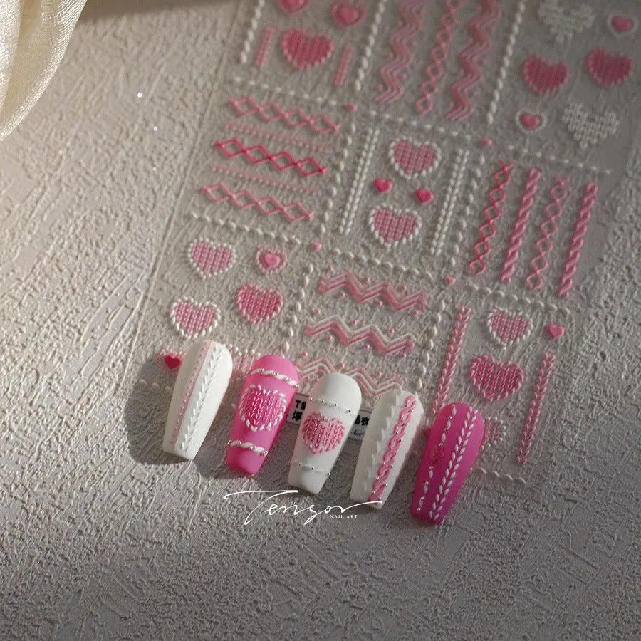 Pink Knitting Sweater Design Nail Art Stickers Adhesive Embossed Love Sticker Decals TS3974