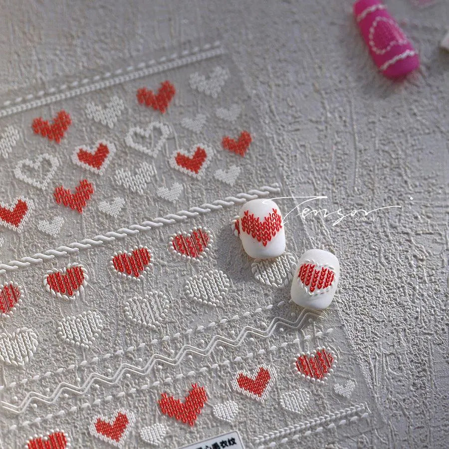 Pink Knitting Sweater Design Nail Art Stickers Adhesive Embossed Love Sticker Decals TS3975