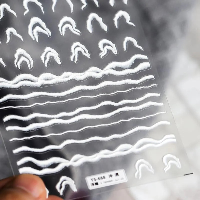 Ocean Spray Nail Art Stickers White Waves Adhesive Sticker Decals TS688 embossed