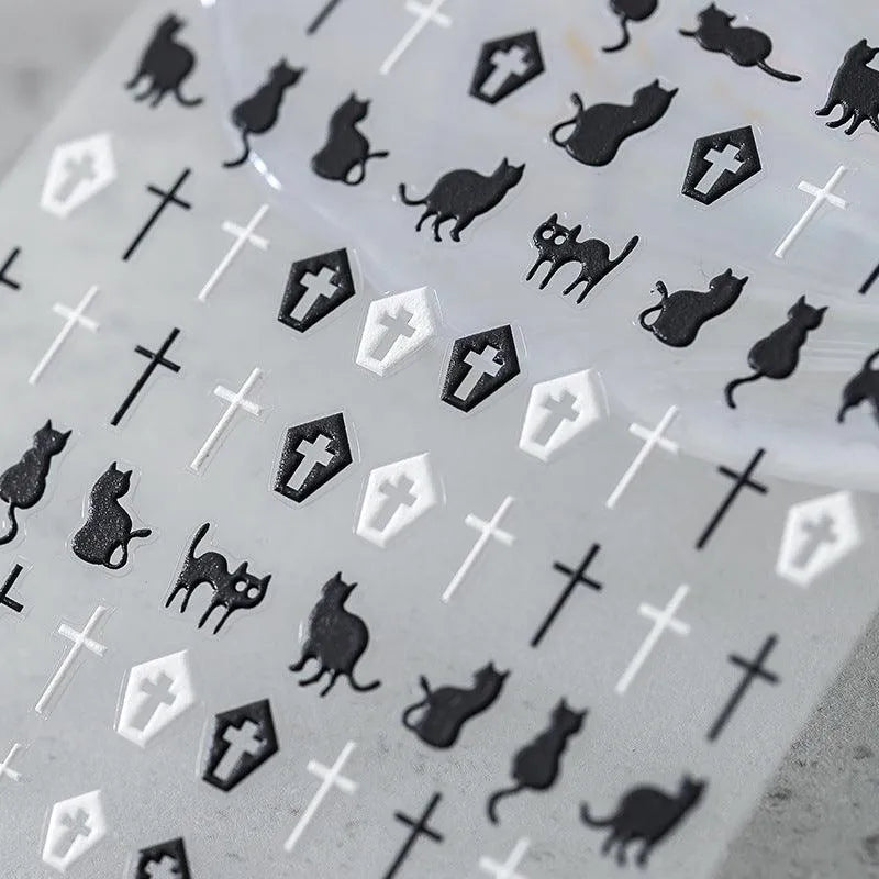 Black White Cross Nail Art Stickers Adhesive Slider Black Cat Sticker Decals TS928