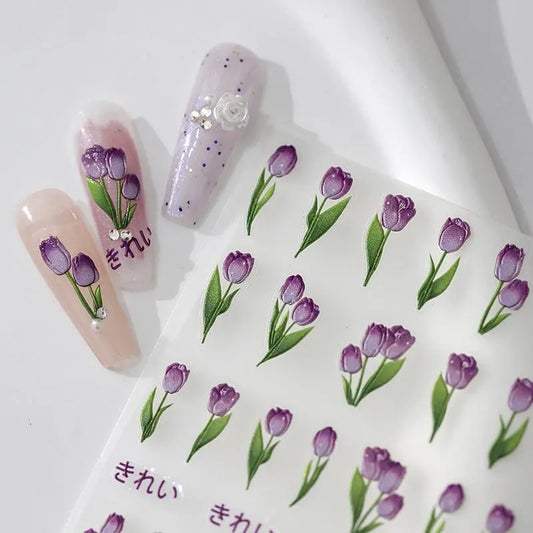 Tulip Nail Art Stickers Adhesive Slider Purple Tulips Flower Sticker Decals TS2255