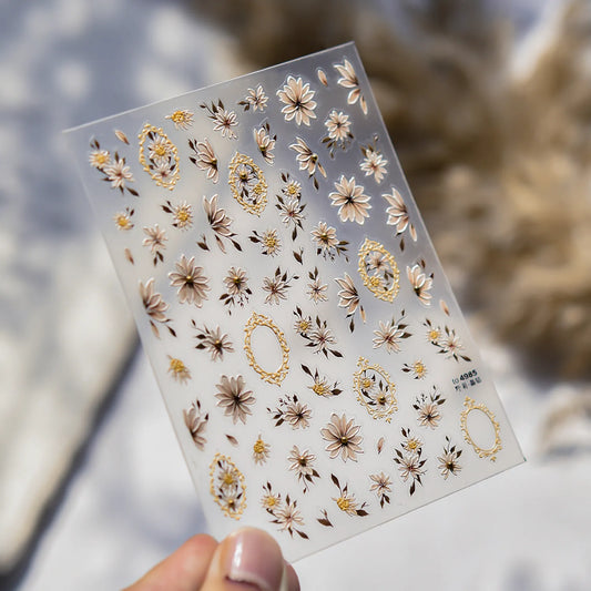 Vintage Gold Frame & Floral Nail Stickers - Elegant 3D Decals for Manicure to4985