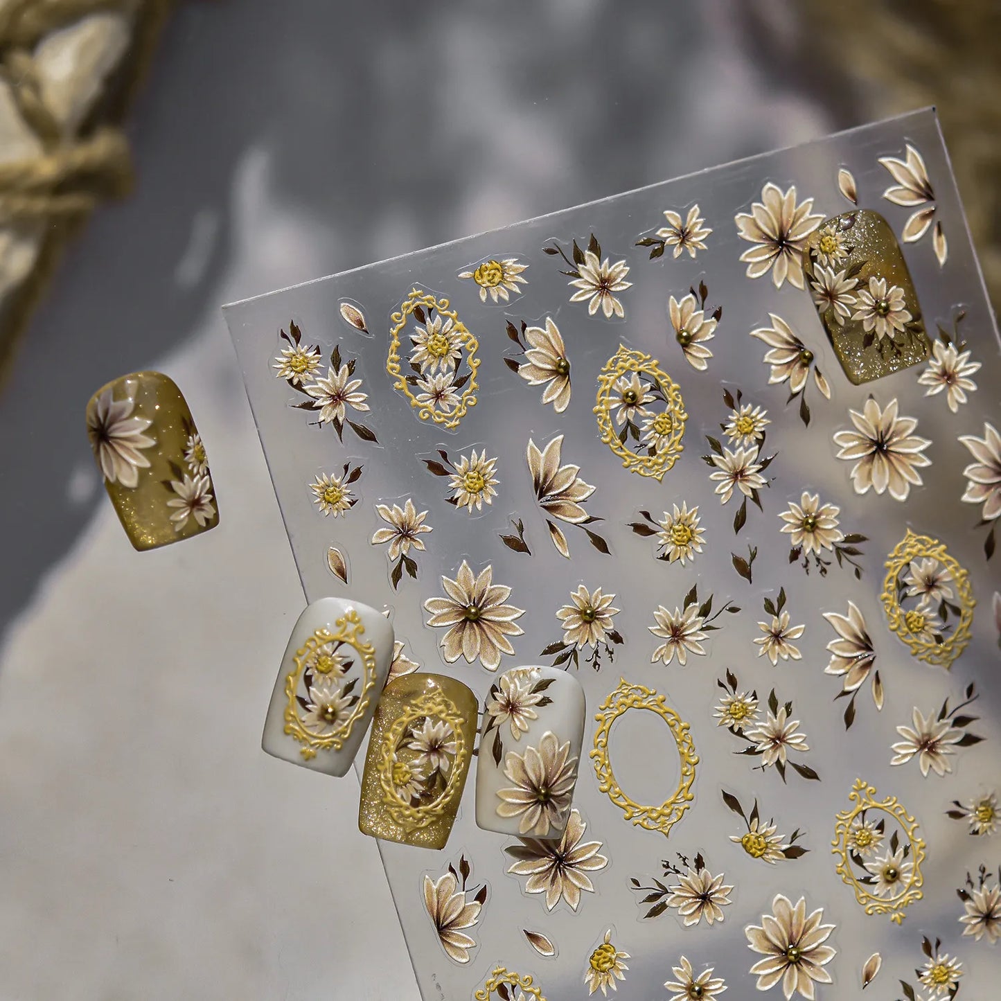 Vintage Gold Frame & Floral Nail Stickers - Elegant 3D Decals for Manicure to4985