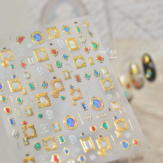 Vintage Gold Frame Gem Nail Art Stickers - Elegant 3D Luxury Decals MS740