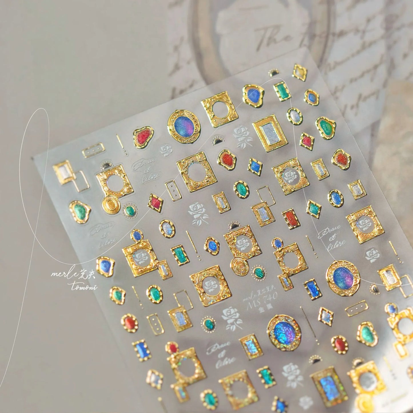 Vintage Gold Frame Gem Nail Art Stickers - Elegant 3D Luxury Decals MS740