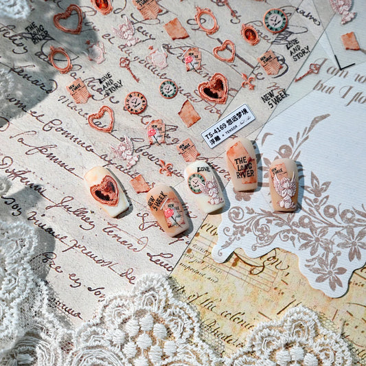 Vintage Love Story 3D Nail Stickers - Retro Romantic Steampunk Decals TS4169