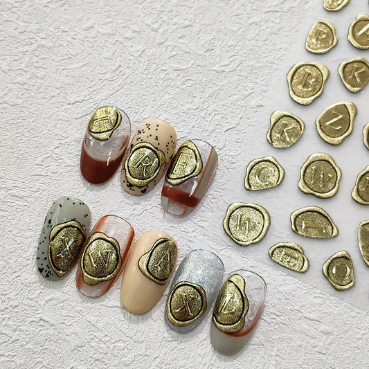 Vintage Stamp Letters Nail Art Stickers Retro Gold Metal Adhesive Sticker Decals M154