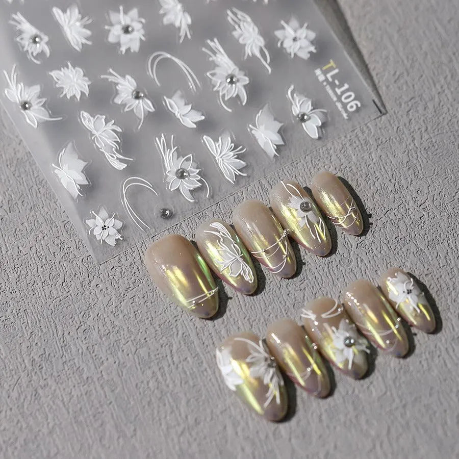 White 3D Flower Nail Art Stickers Adhesive Slider Flowers with Beads Sticker Decals TL106