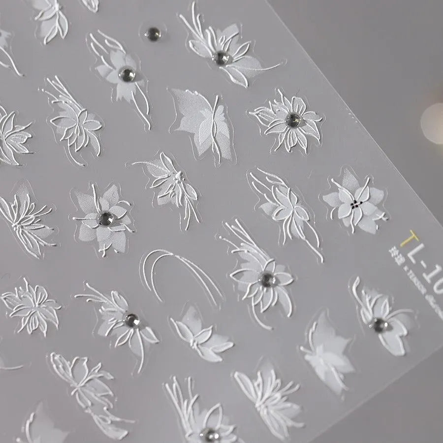 White 3D Flower Nail Art Stickers Adhesive Slider Flowers with Beads Sticker Decals TL106
