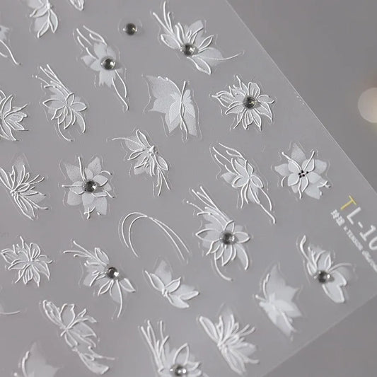 White 3D Flower Nail Art Stickers Adhesive Slider Flowers with Beads Sticker Decals TL106