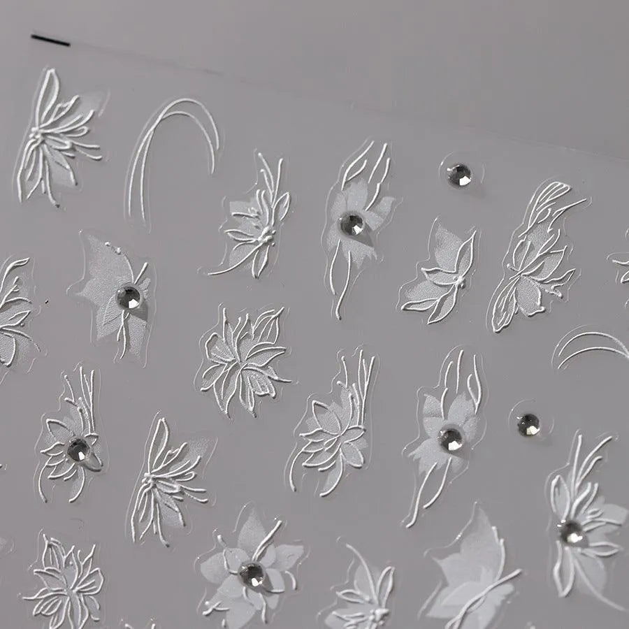 White 3D Flower Nail Art Stickers Adhesive Slider Flowers with Beads Sticker Decals TL106