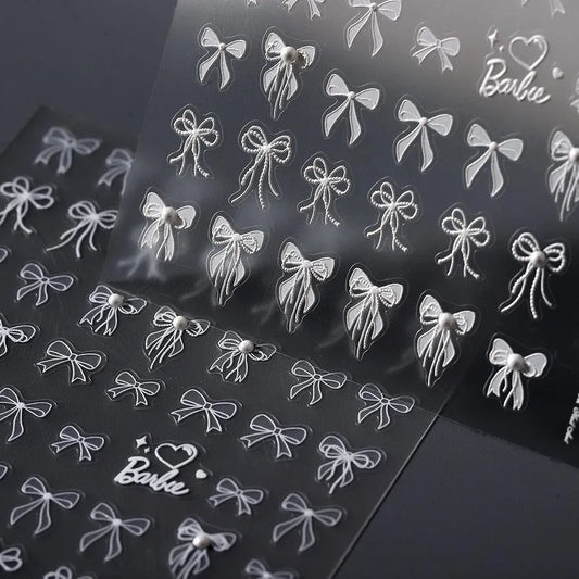 White Bow Nail Art Stickers Bows With Pearl Adhesive Embossed Sticker Decals