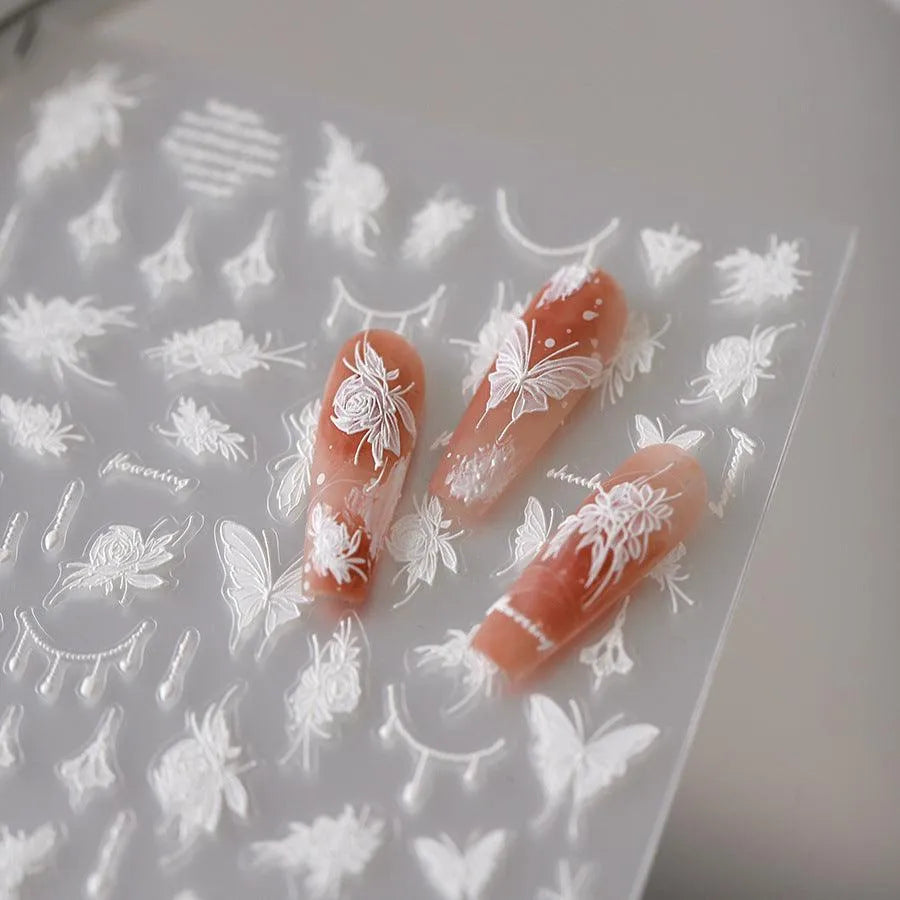White Butterfly Flower Nail Stickers Floral Bead Chain Design 3D Adhesive Sticker Nail Decals TS3621