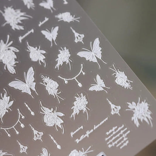 White Butterfly Flower Nail Stickers Floral Bead Chain Design 3D Adhesive Sticker Nail Decals TS3621