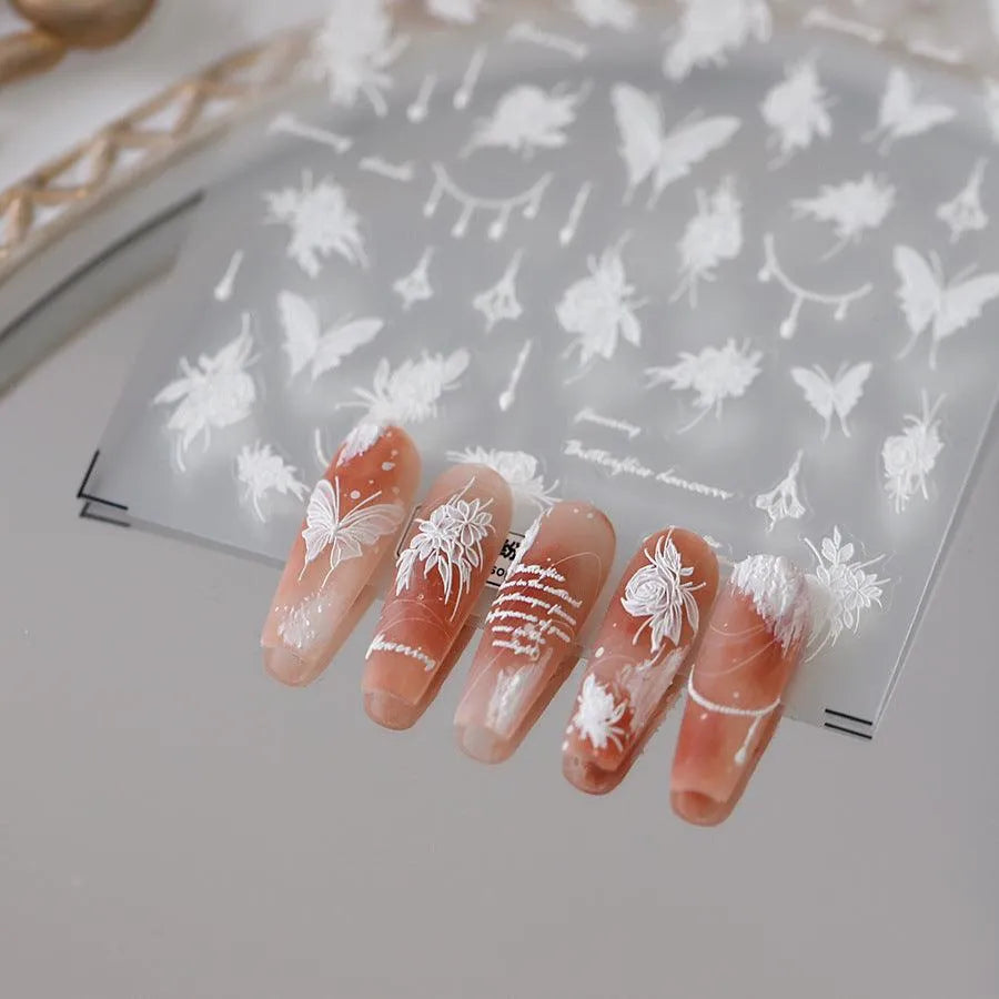 White Butterfly Flower Nail Stickers Floral Bead Chain Design 3D Adhesive Sticker Nail Decals TS3621