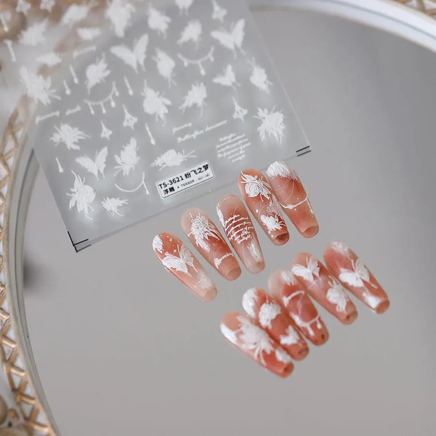 White Butterfly Flower Nail Stickers Floral Bead Chain Design 3D Adhesive Sticker Nail Decals TS3621