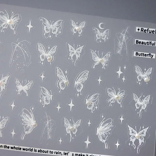 White Butterfly Nail Art Stickers Adhesive Embossed Moon with Beads Sticker Decals TL027