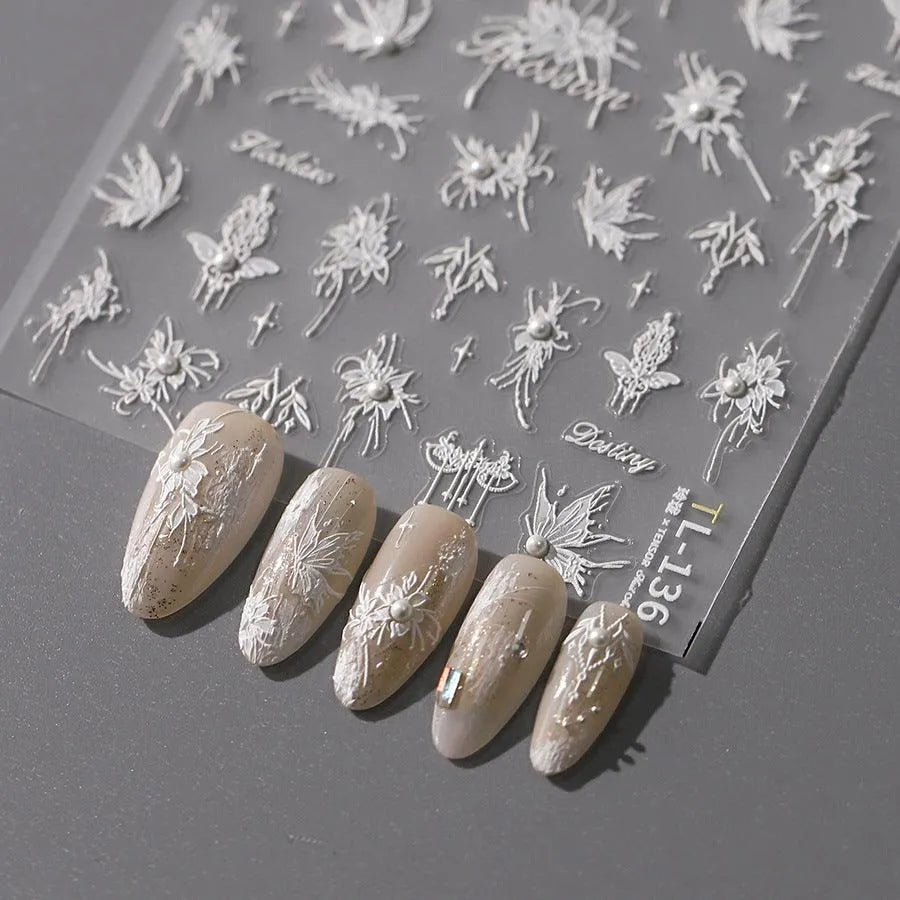 White Butterfly Nail Art Stickers Adhesive Embossed Sticker Decals TL126