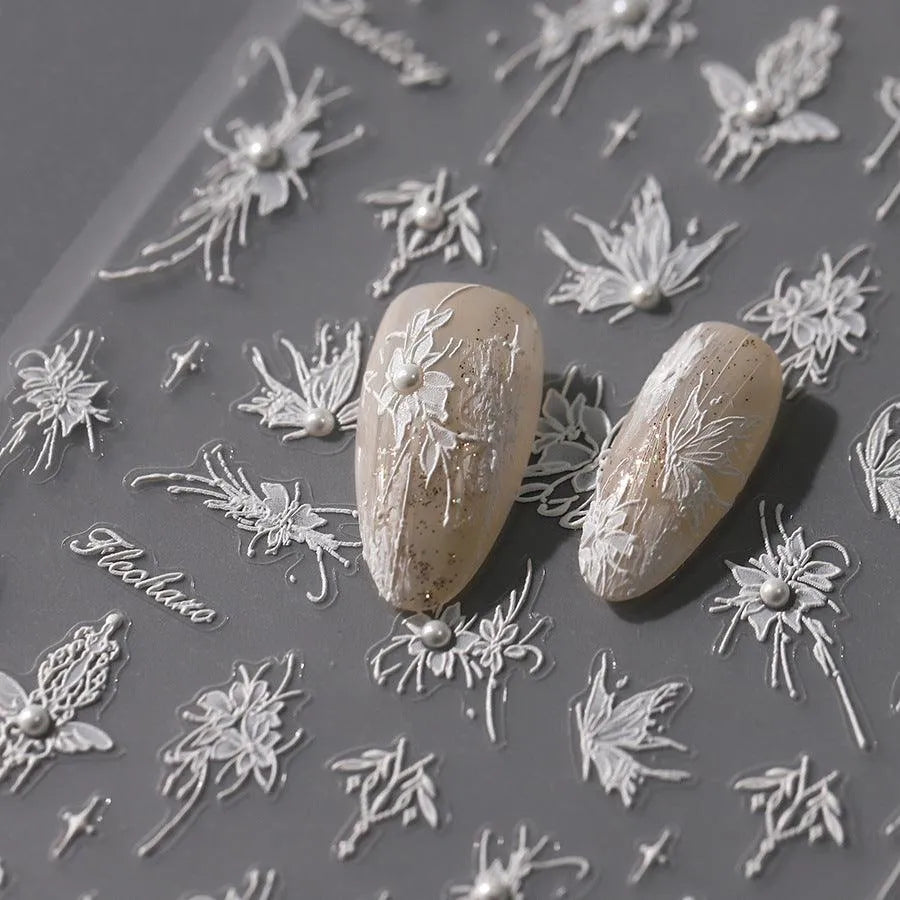 White Butterfly Nail Art Stickers Adhesive Embossed Sticker Decals TL126