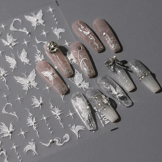 White Butterfly Nail Art Stickers Adhesive Slider 3D Butterfly with Beads Sticker Decals TL104