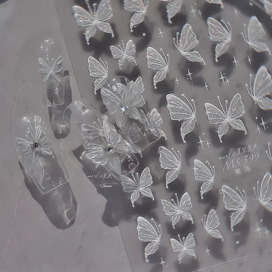 White Butterfly Nail Art Stickers Jelly Butterfly Wings Adhesive Embossed Sticker Decals MS599