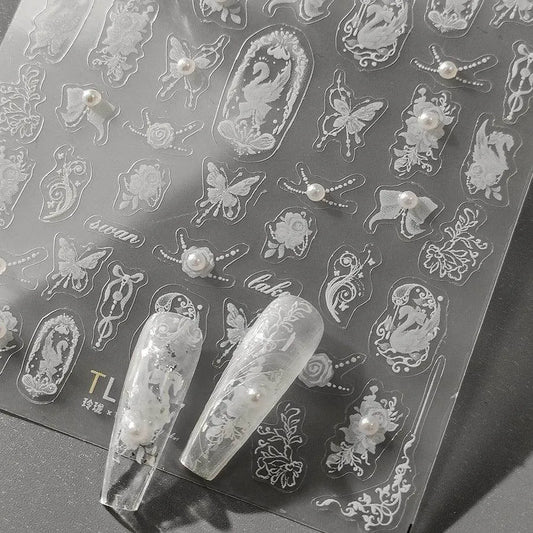 White Butterfly Nail Art Stickers With Pearls Swan Adhesive Sticker Decals TL134