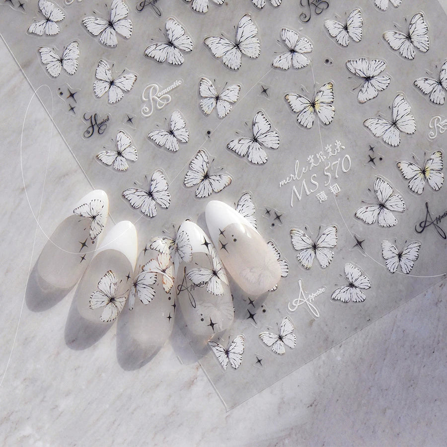 White Butterfly Nail Sticker 3D Adhesive Decals MS570