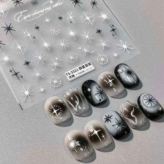 White Cross Star Nail Art Stickers Adhesive Sliders Black Stars Sticker Decals TS3320