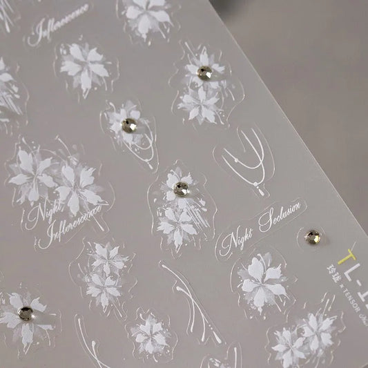 White Floral Nail Art Stickers Adhesive Embossed Flower with Rhinestones Sticker Decals TL122