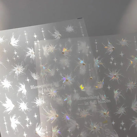 White Floral Nail Art Stickers Adhesive Sliders Blossoming Flowers With Pearls Sticker Decals TL092