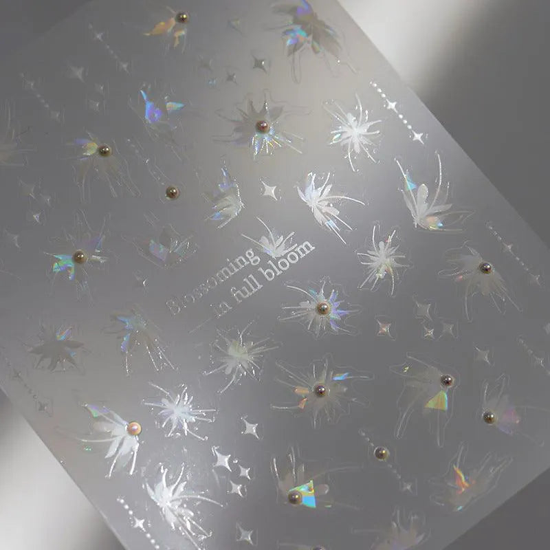 White Floral Nail Art Stickers Adhesive Sliders Blossoming Flowers With Pearls Sticker Decals TL092
