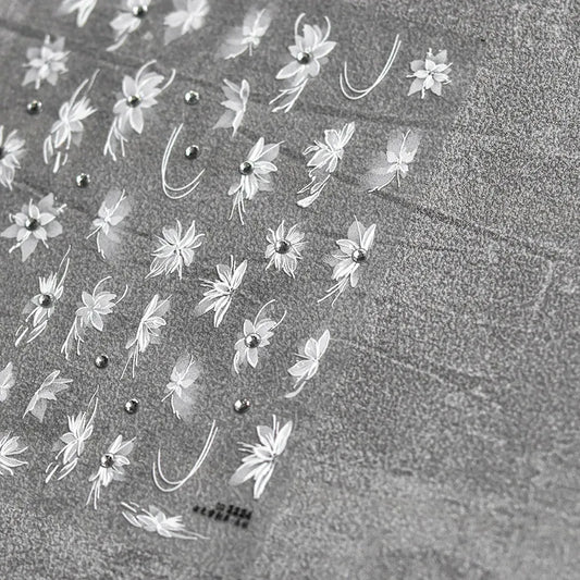 White Flower Nail Art Sticker 5D Bridal Rhinestones Nail Sticker Decals